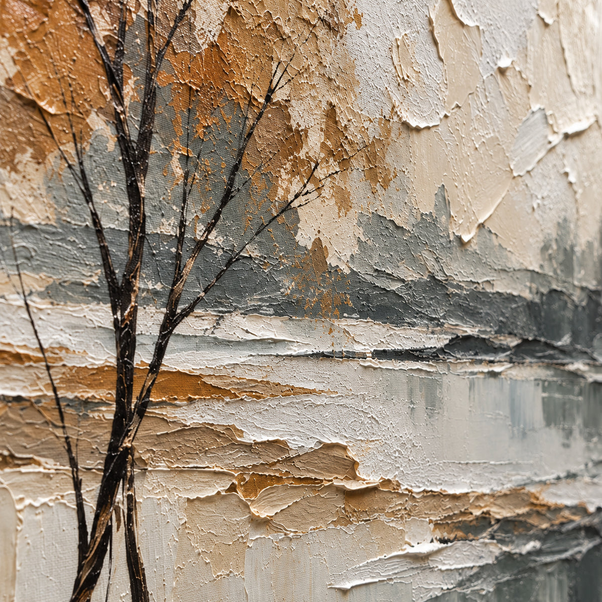 Ochre-Solitude oil painting brushwork and impasto detail photographed from an oblique side angle