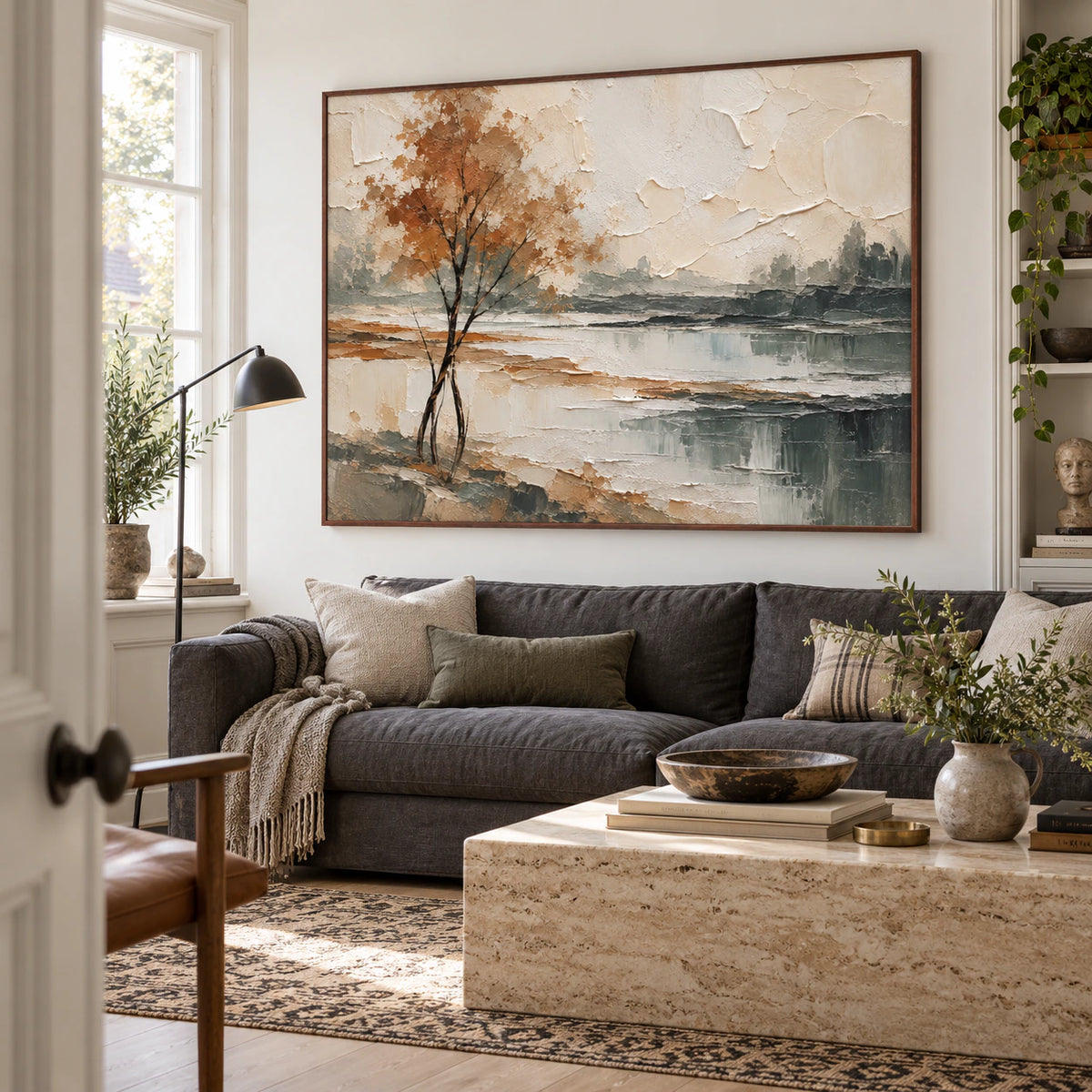 Ochre-Solitude above a restrained sofa in a bright living room.