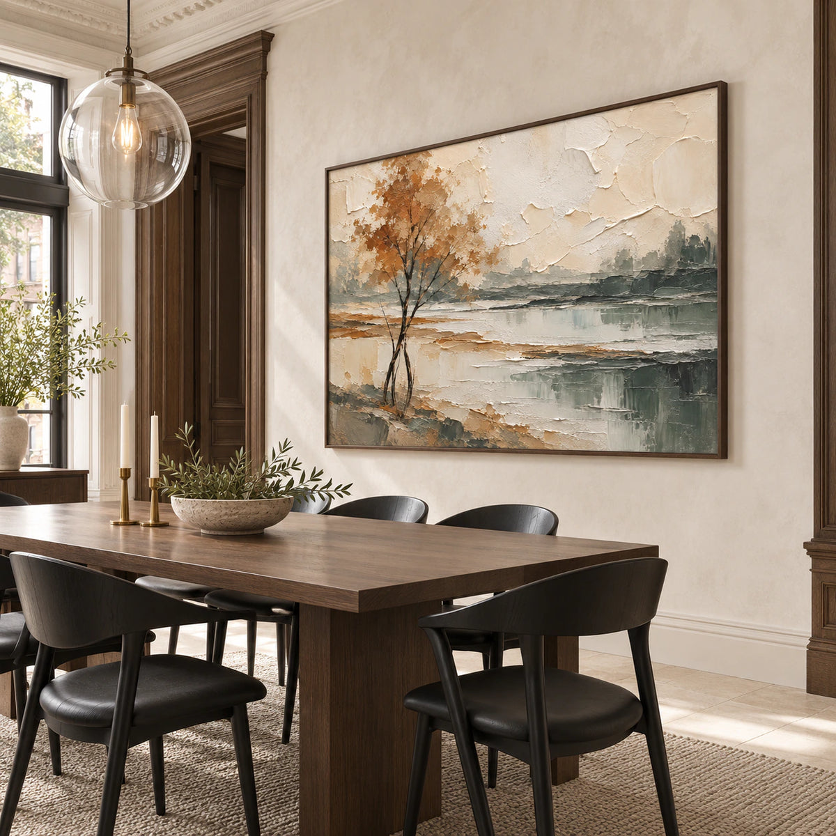 Ochre-Solitude as a focal point in a refined daylight dining room.
