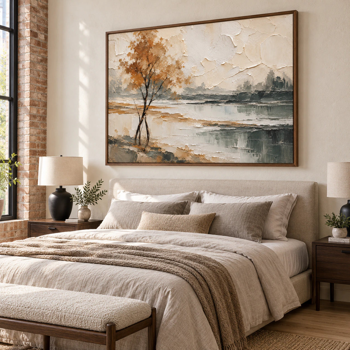 Ochre-Solitude above a low bed in a quiet, softly lit bedroom.