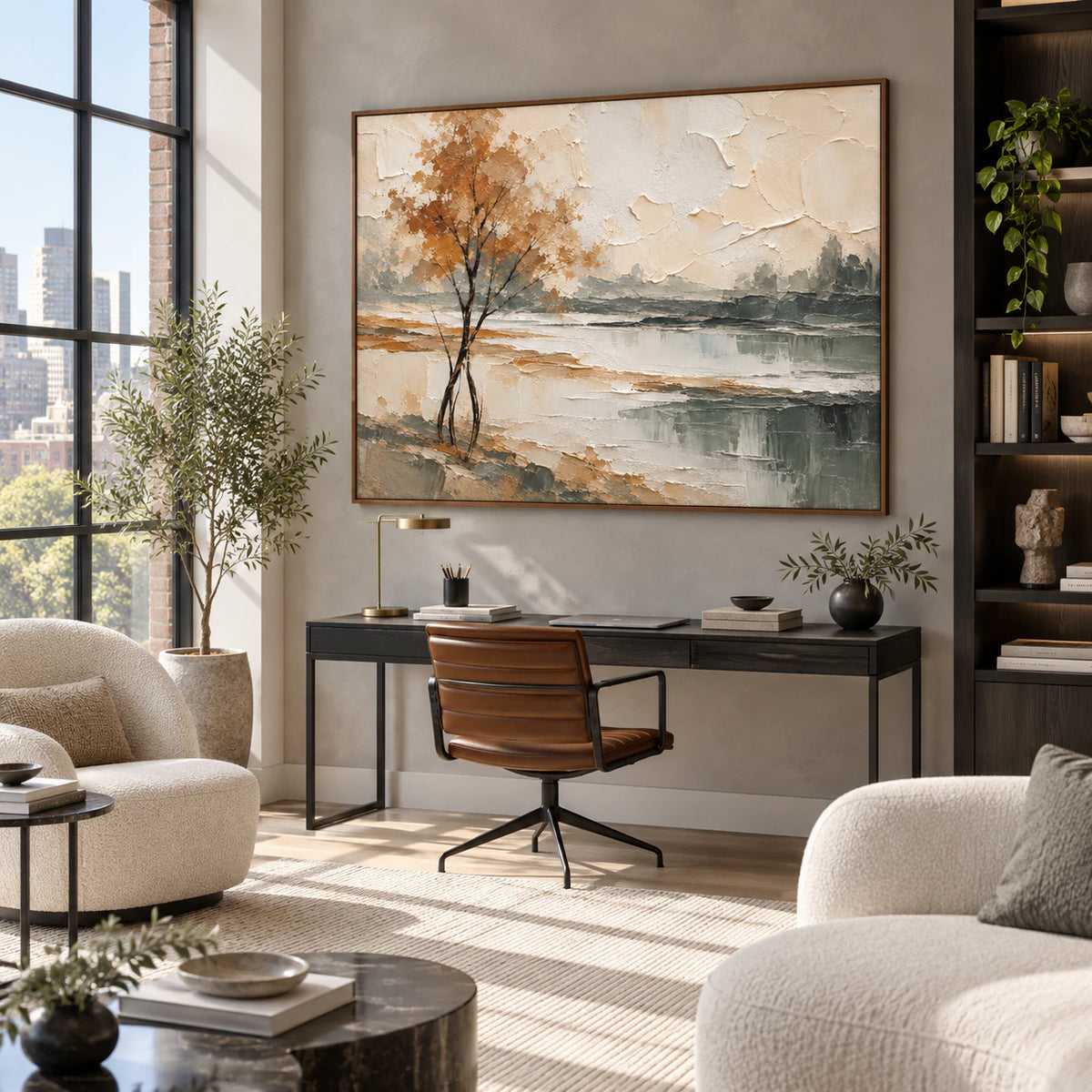 Ochre-Solitude in an airy home office reading space with natural daylight.