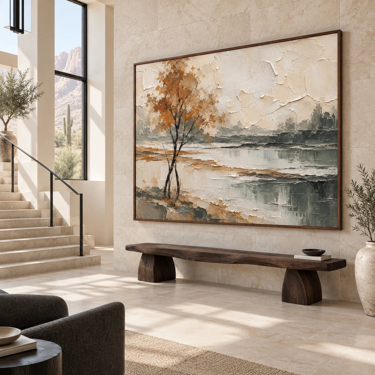 Ochre-Solitude displayed at gallery scale in a bright architectural foyer.