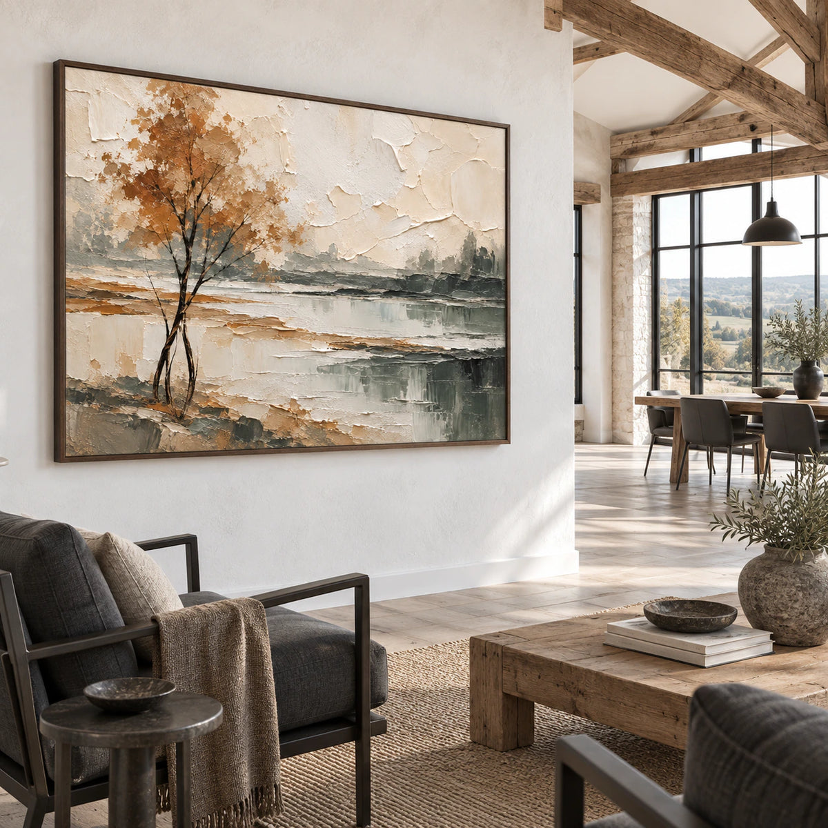 Ochre-Solitude as a large focal artwork in an expansive loft hospitality interior.