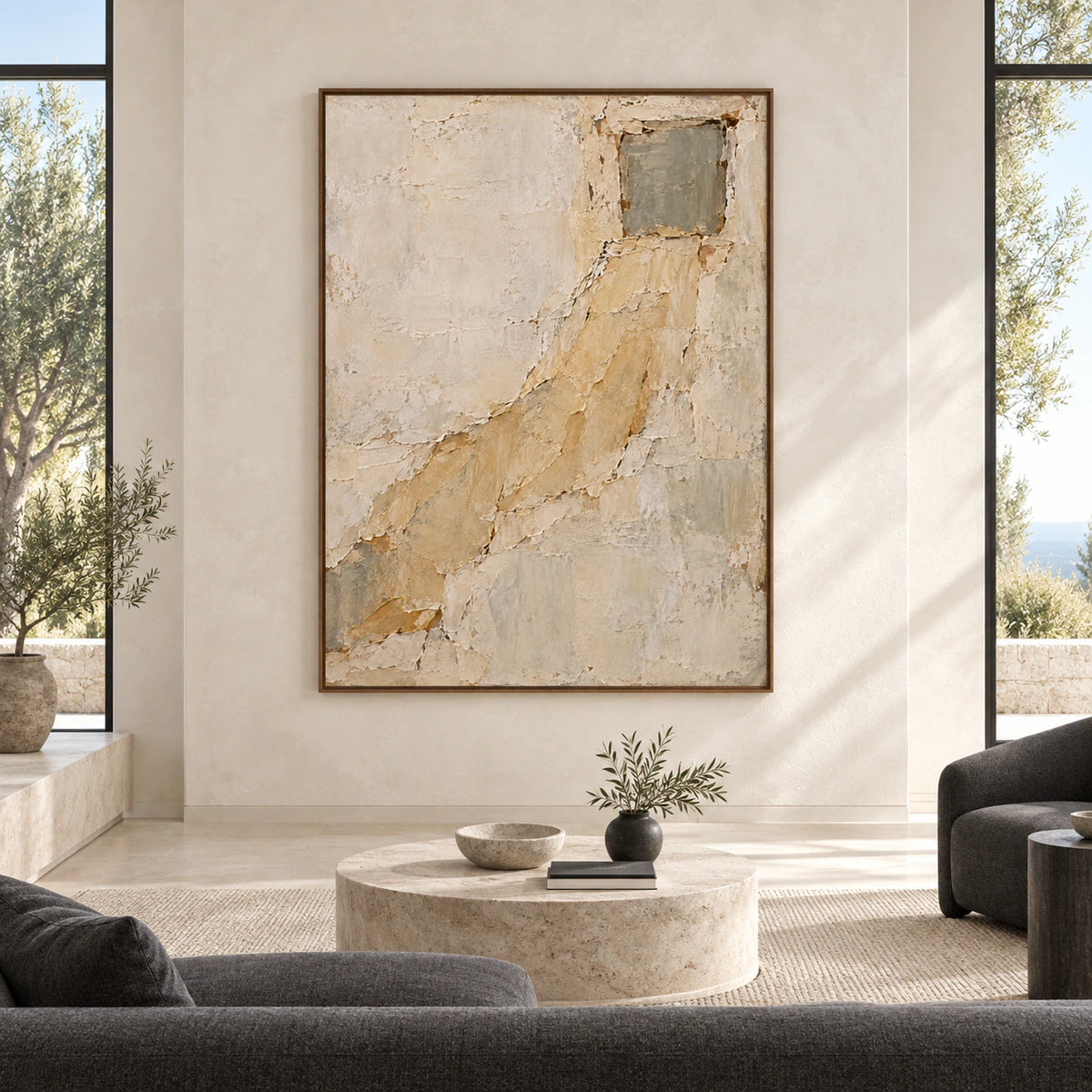 Large vertical Ochre-Threshold artwork displayed straight-on in a bright architectural living space.
