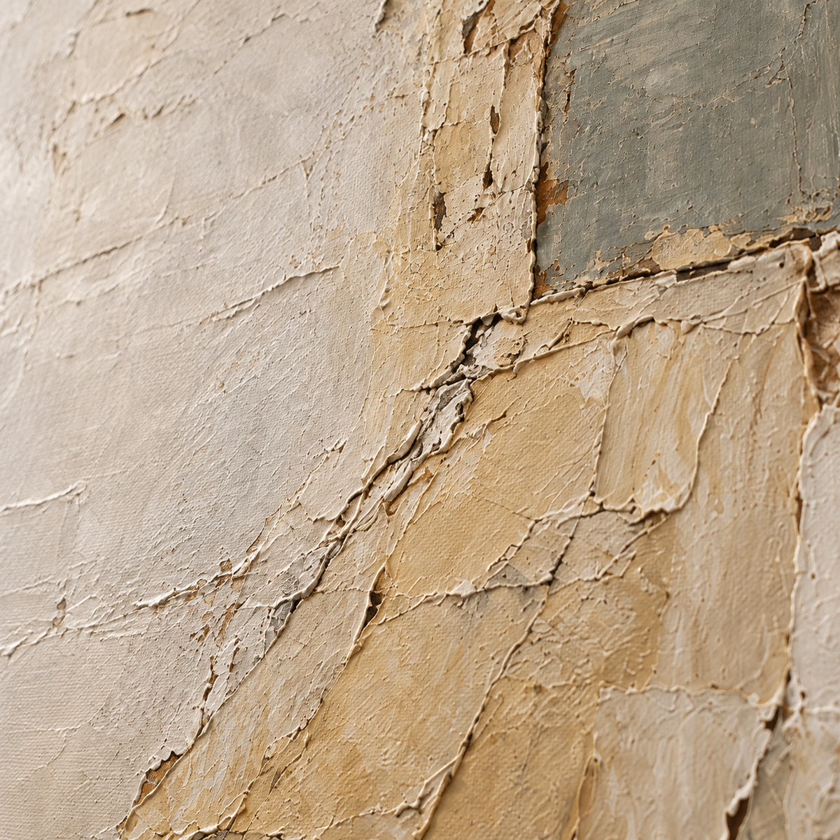 Ochre-Threshold oil painting brushwork and impasto detail photographed from an oblique side angle