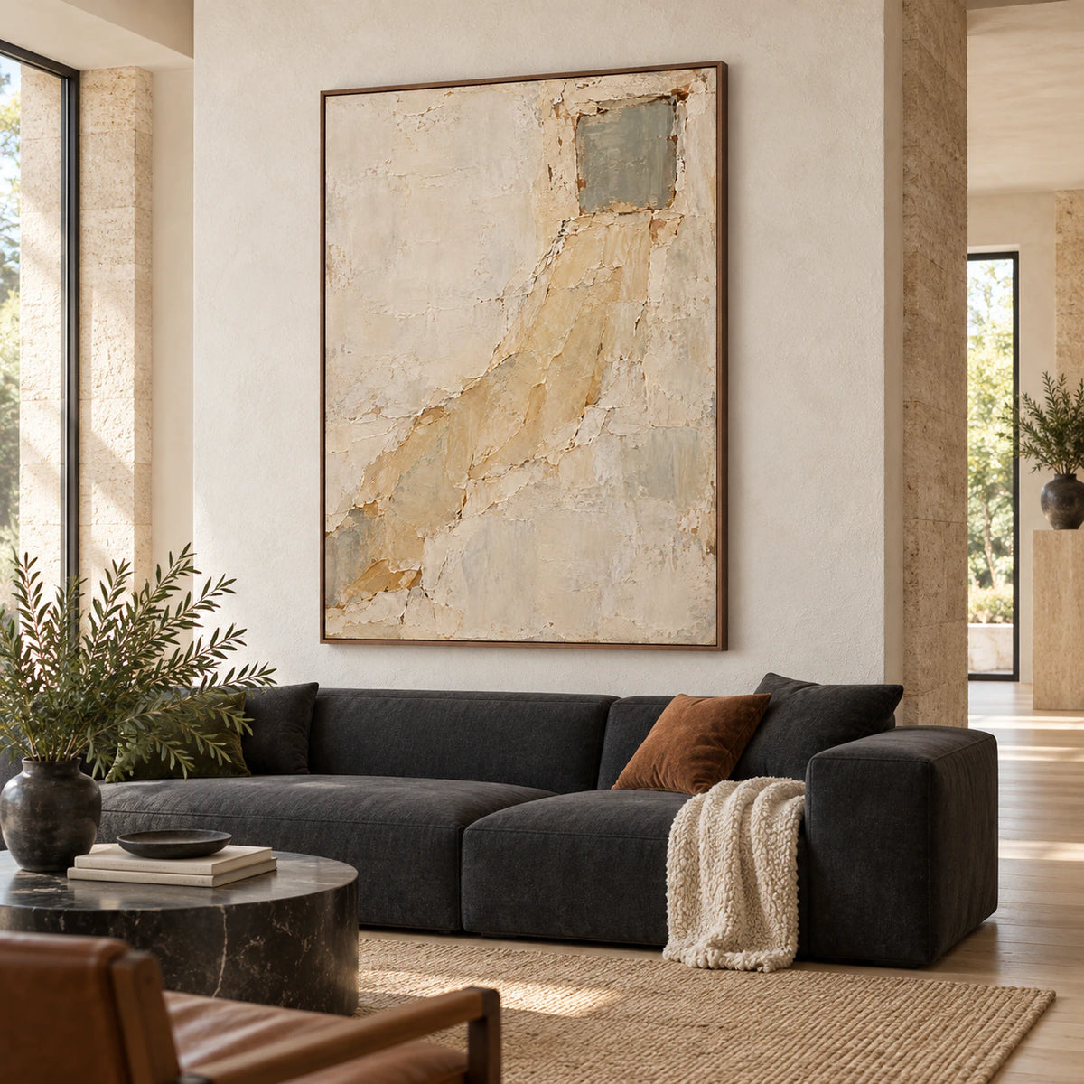 Ochre-Threshold as the focal artwork in a bright contemporary living room.