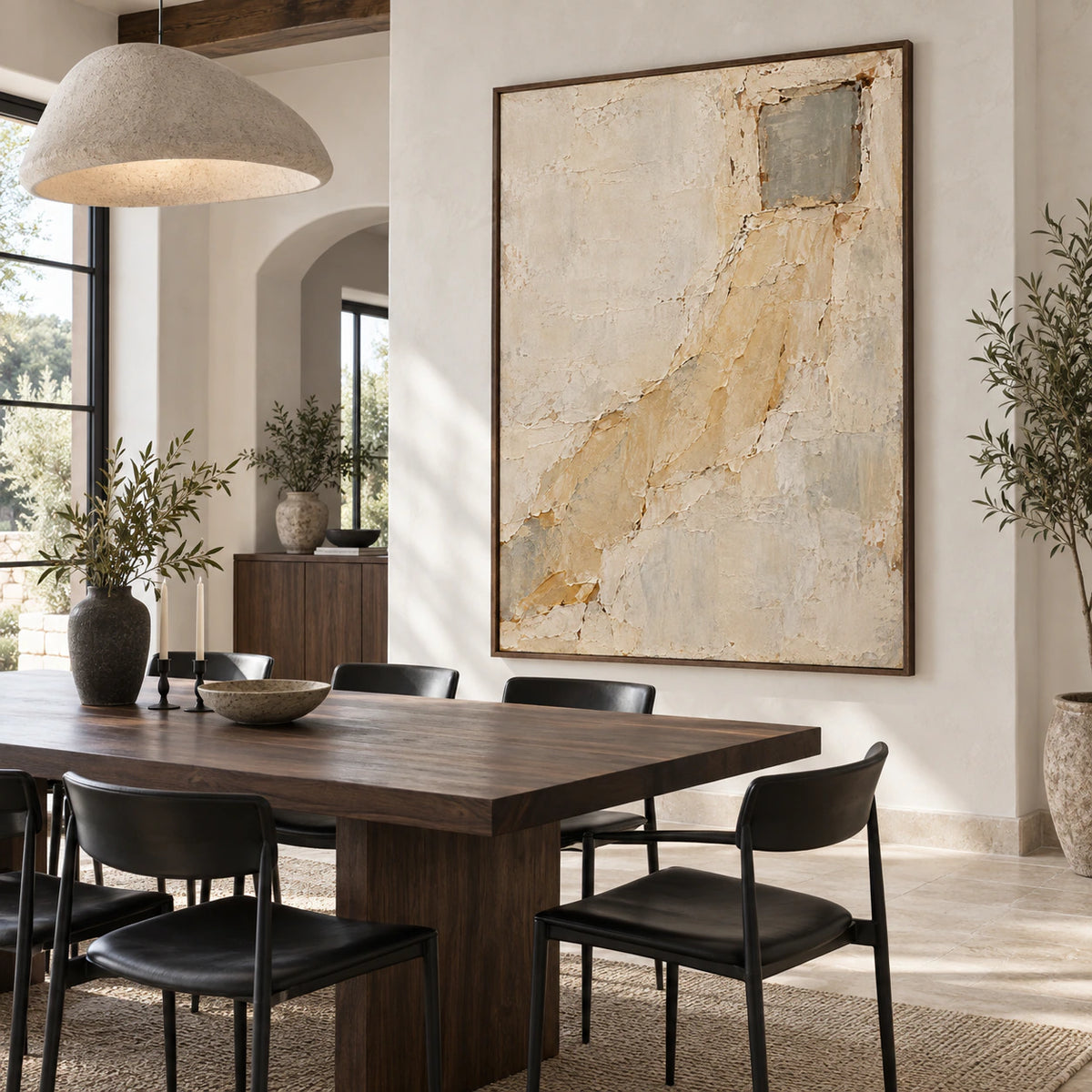 Ochre-Threshold above a refined dining setting with daylight and sculptural furnishings.