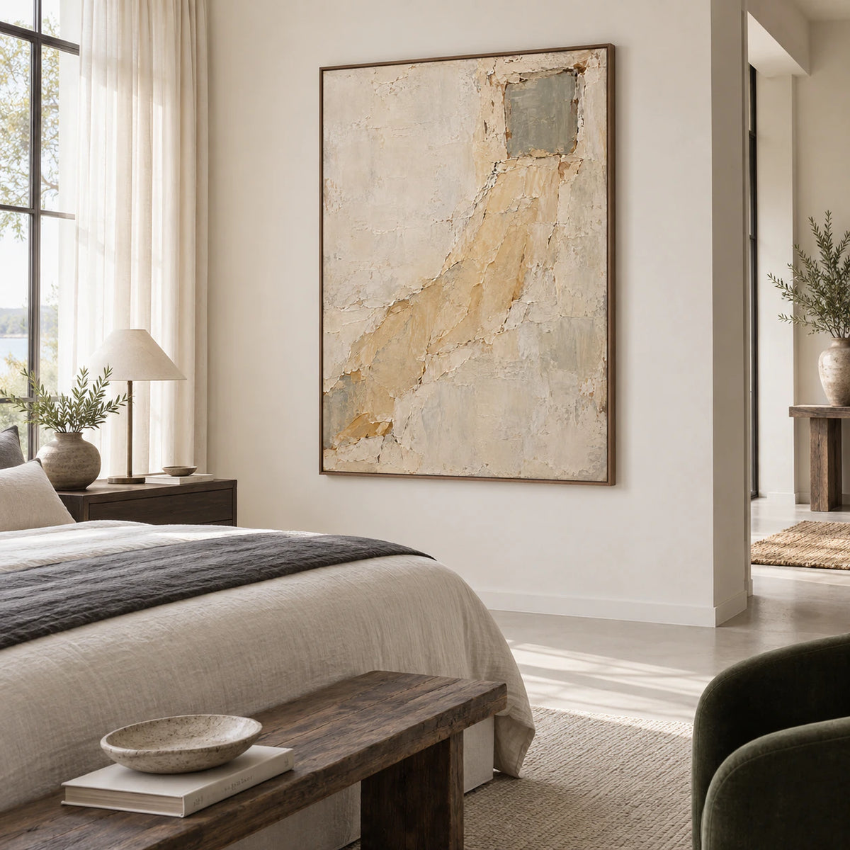 Ochre-Threshold displayed in a quiet, softly lit bedroom.
