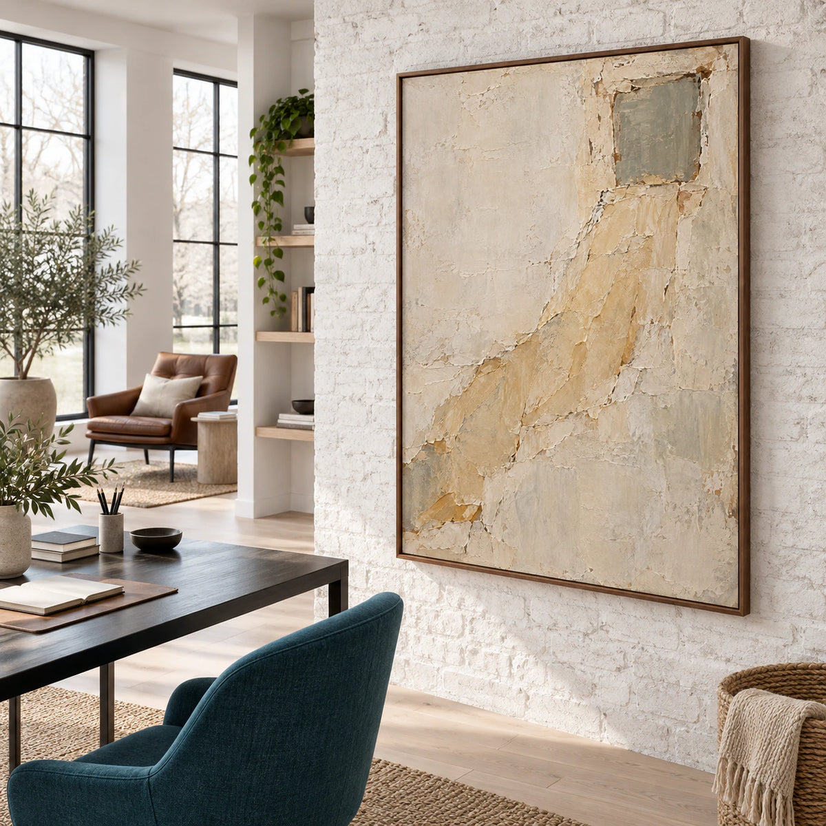 Ochre-Threshold as a large focal point in an airy home office reading space.