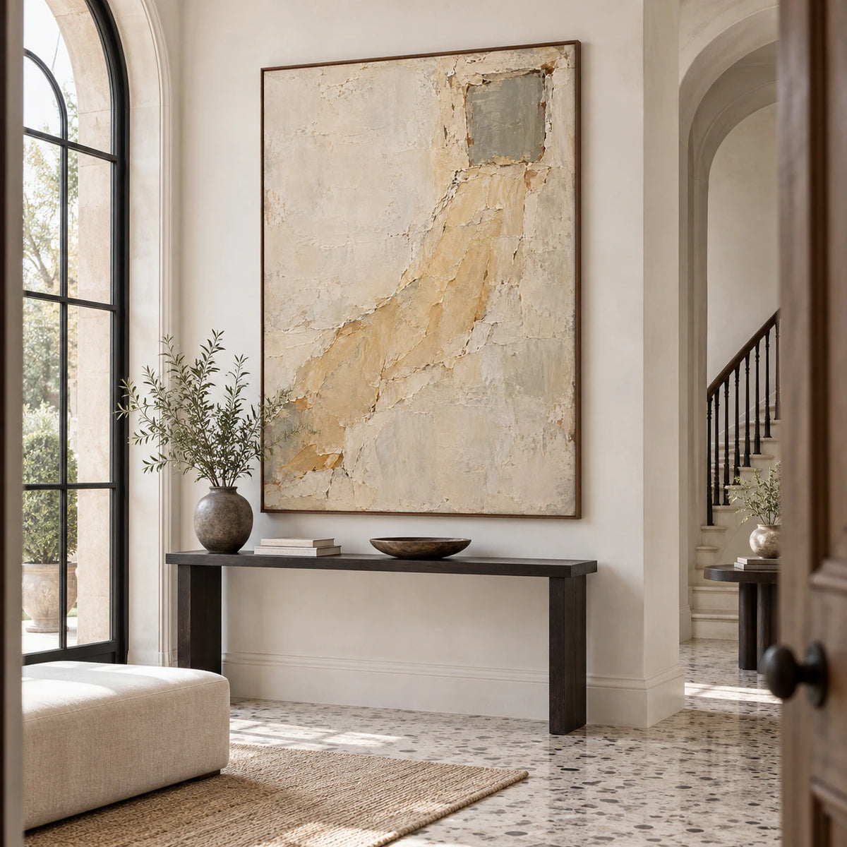 Ochre-Threshold presented at gallery scale in a bright foyer.