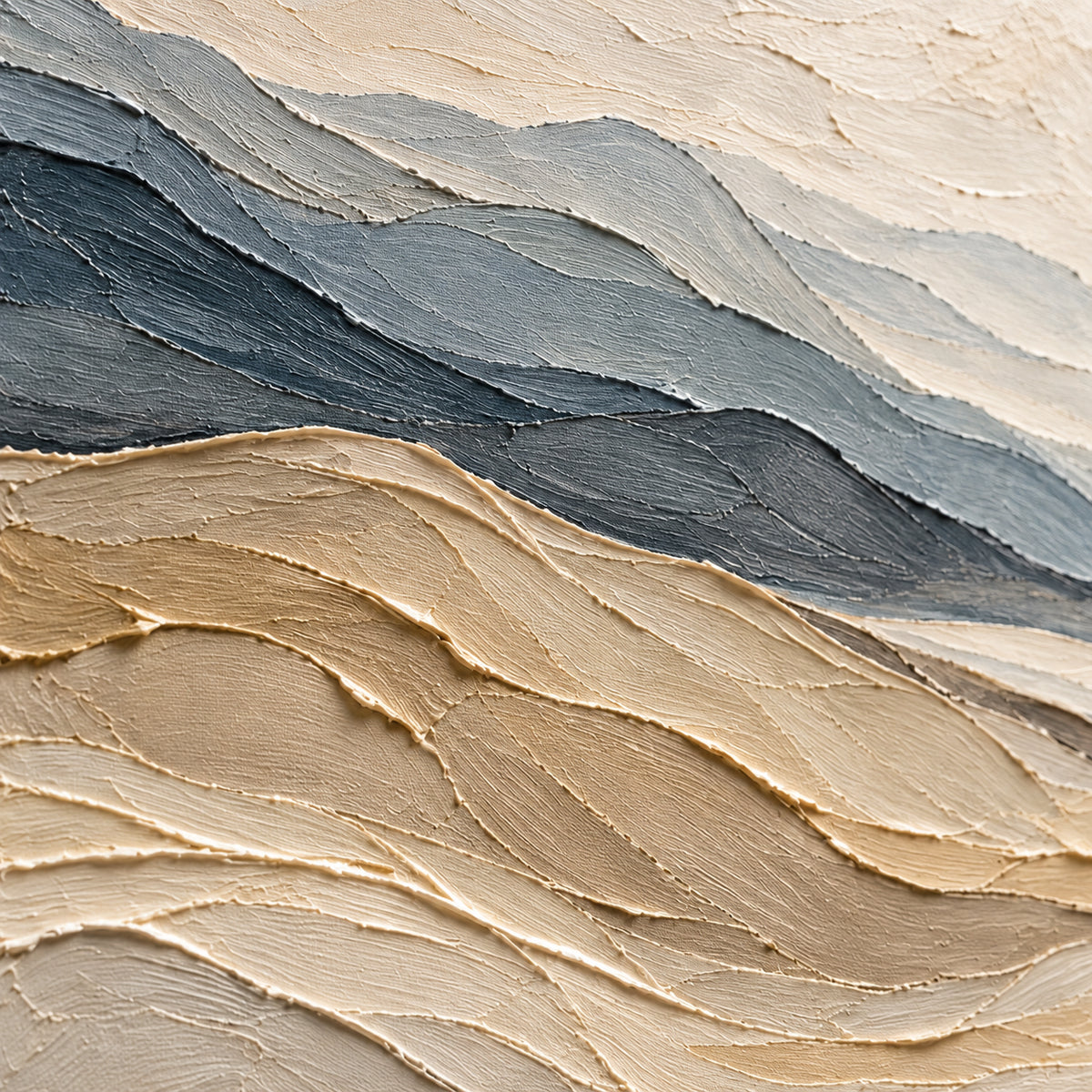 Oblique close-up of Ochre-Traverse showing raised paint ridges, sweeping strokes and color transitions under grazing directional light.