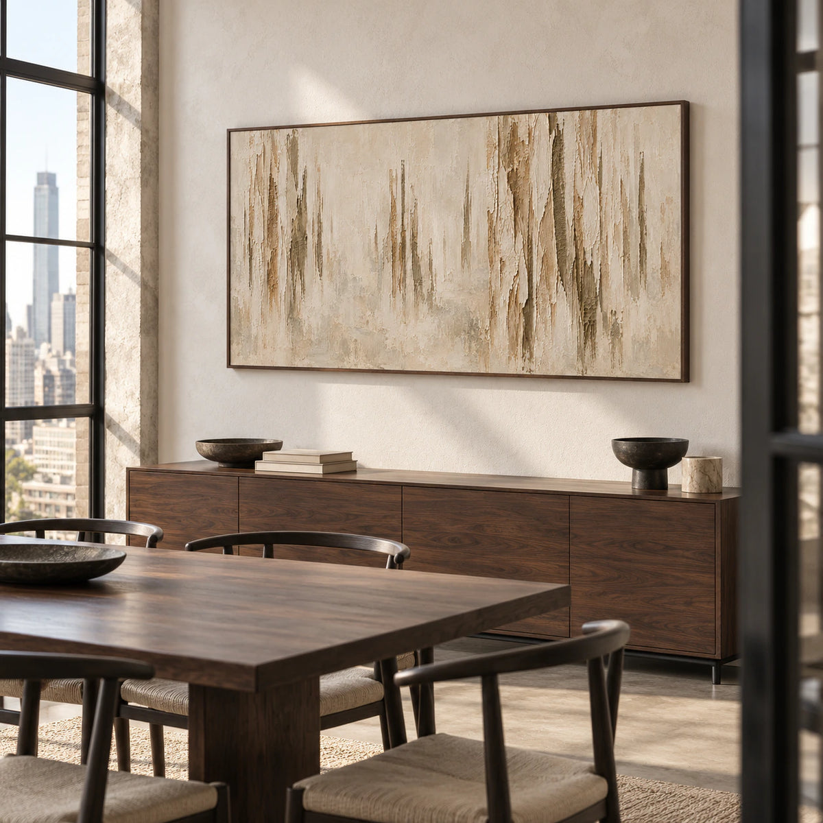 Wide textured abstract painting as the focal point of a refined dining room, hung above a dark wood sideboard beside a long dining table.
