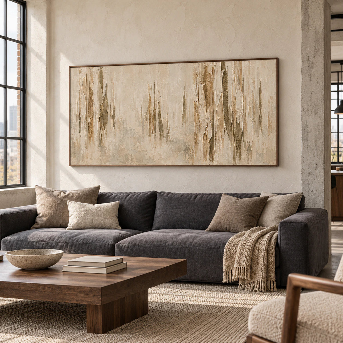 Expansive loft interior with the wide textured painting prominent above a restrained dark sofa, tall windows and open architectural space.