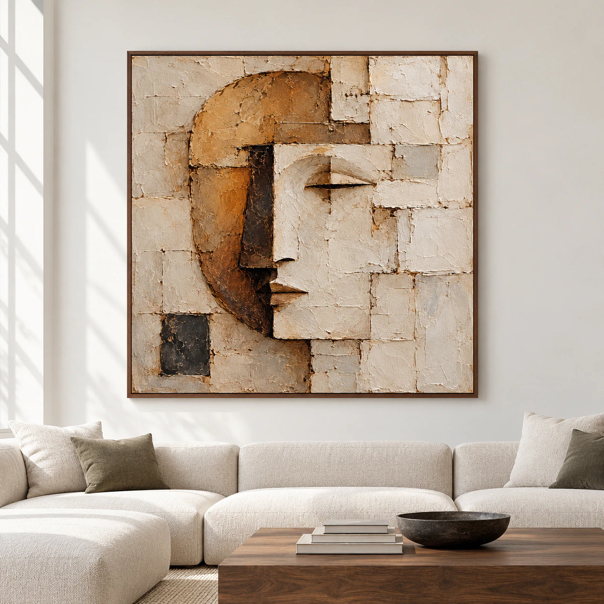 Straight-on view of a large square ivory, ochre and umber face portrait in a spacious living room with restrained furnishings and bright natural daylight.