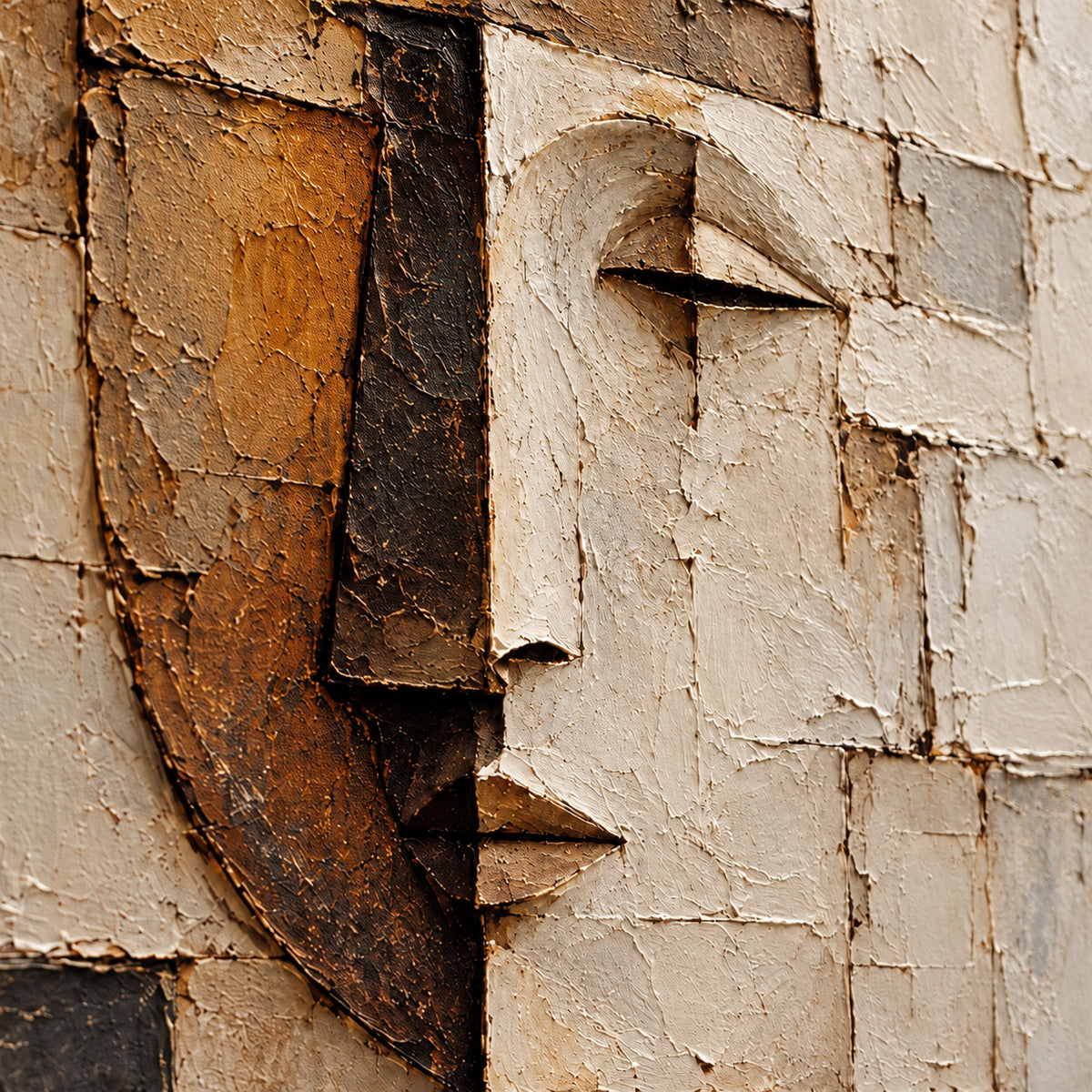 Oblique close-up of the oil painting’s textured surface, with grazing light revealing raised paint, cracks and transitions between ivory, ochre and umber.