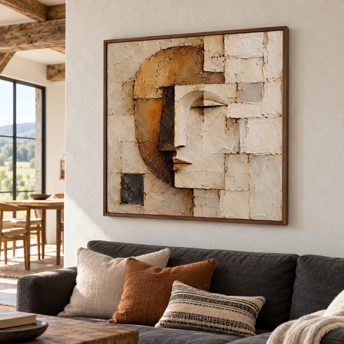 Left-oblique view of the square face portrait above a charcoal sofa in a bright living room with pale plaster walls, seen at seated eye level.
