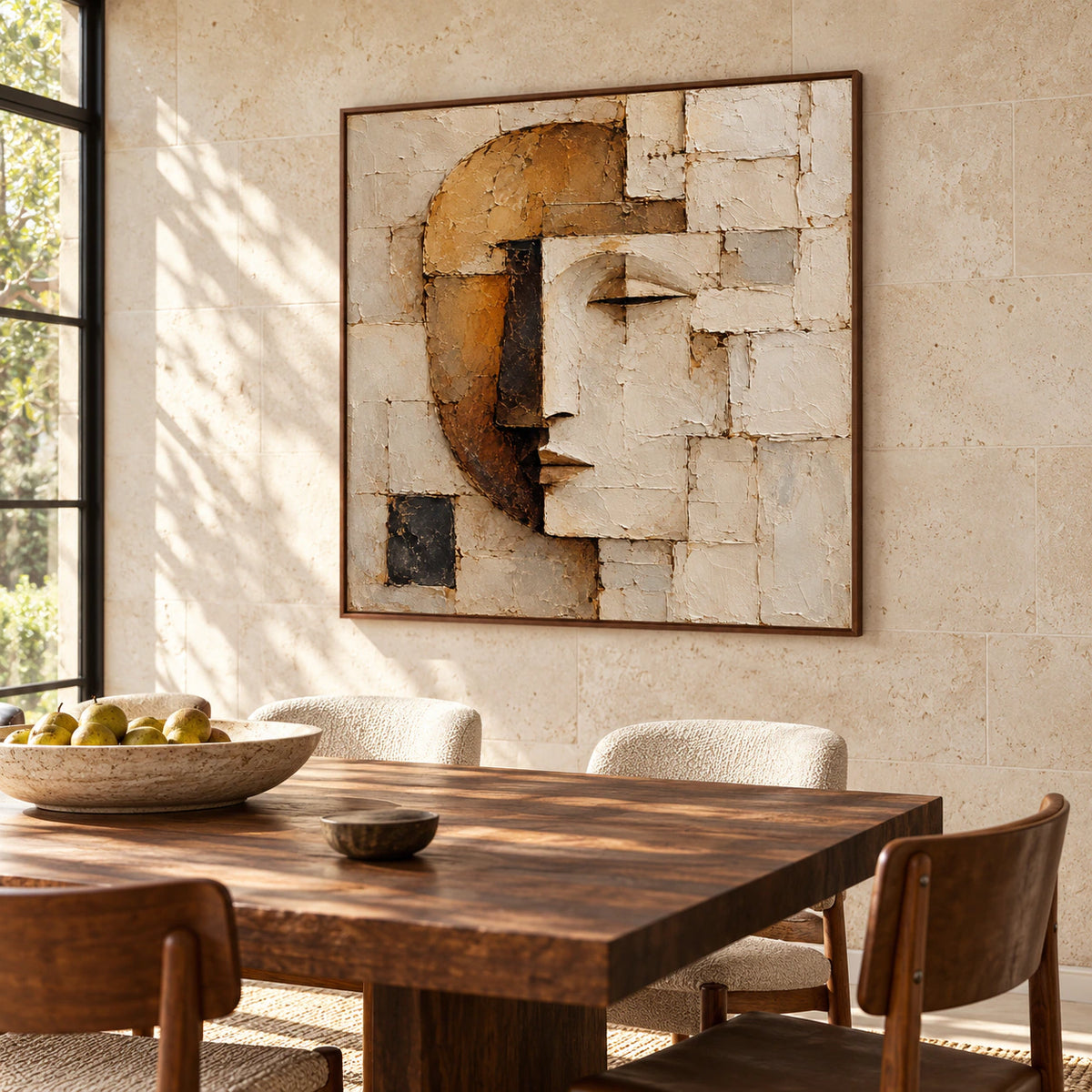 Right-oblique view of the square face portrait on a pale limestone wall behind a dark wood dining table and upholstered chairs in a sunlit dining room.