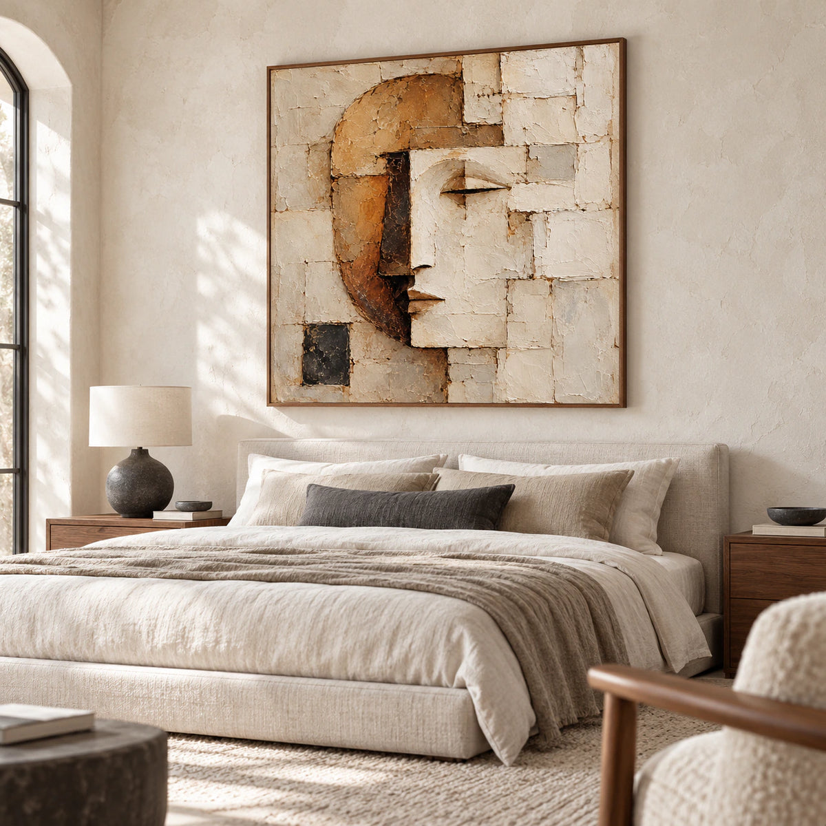 Slightly left-oblique view from near the foot of a low linen bed, with the square face portrait above it, cool pale walls and small charcoal accents.