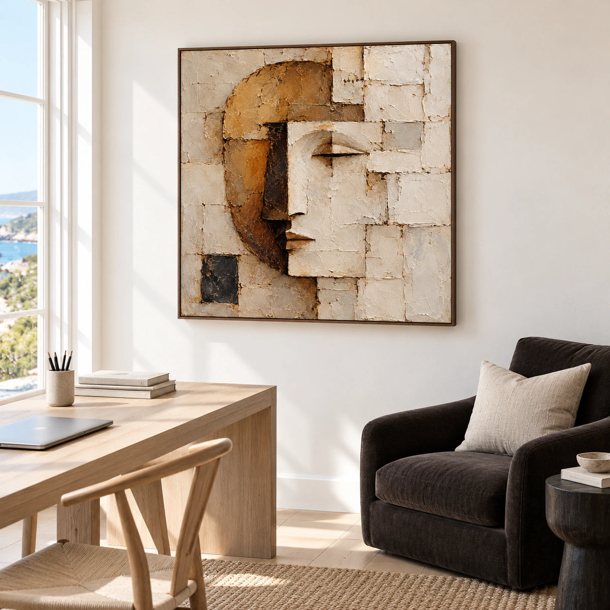 High right-oblique view of the square face portrait on the main wall of an airy office with an ash desk, dark reading chair and bright window light.