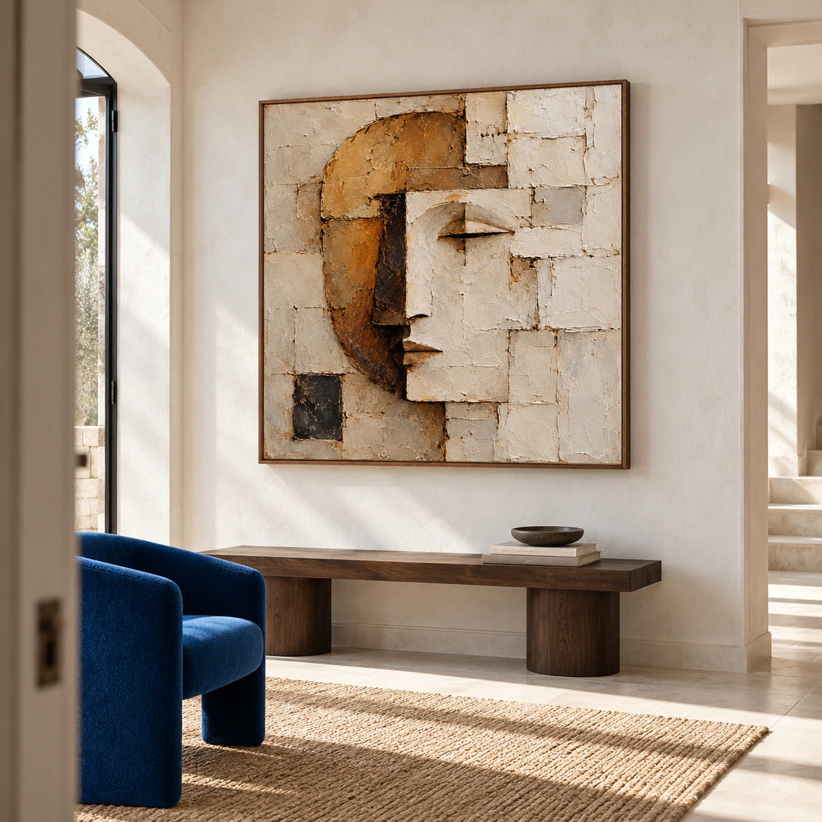 Low left-oblique view of the square face portrait on a tall pale foyer wall above dark sculptural seating, with pale stone architecture in natural daylight.
