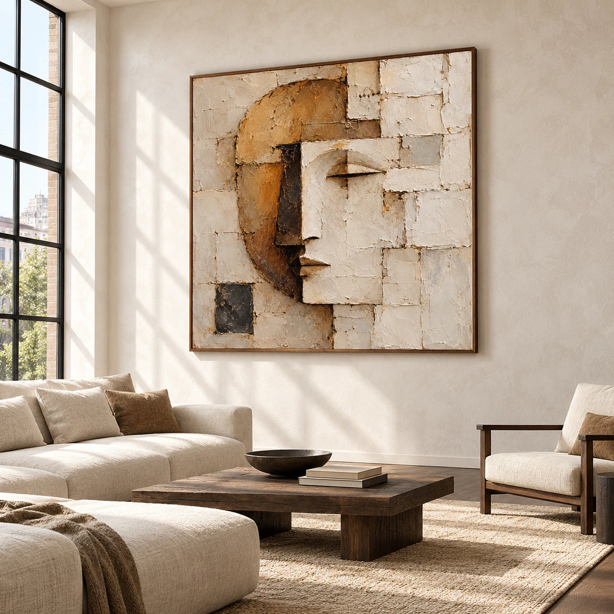 Distant right-oblique view of the square face portrait on a cool pale wall in an expansive loft with high windows, light upholstered seating and dark wood furniture.