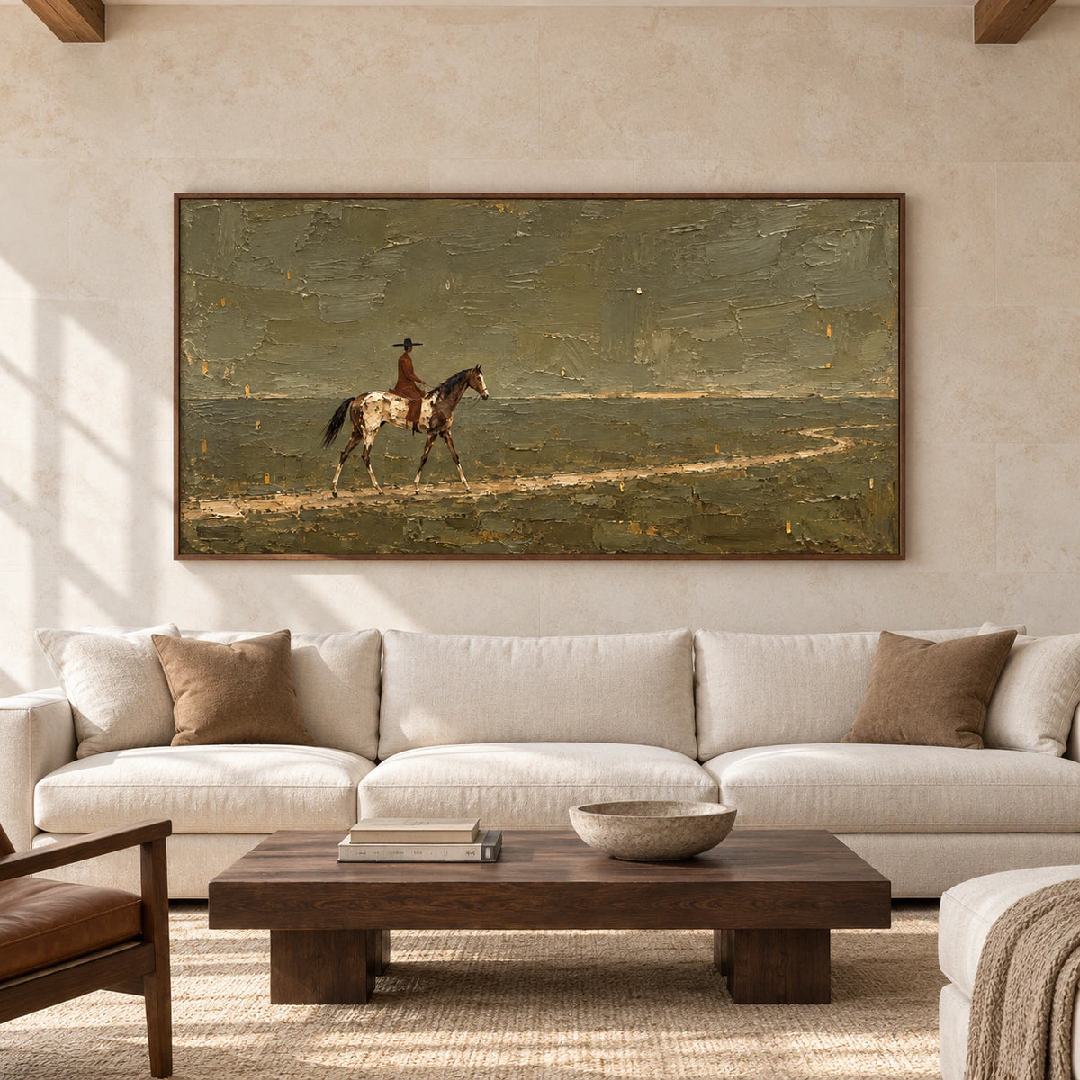 Ochre-Wayfarer displayed straight-on on a pale limestone wall in a spacious, daylit living room with restrained dark wood furniture.