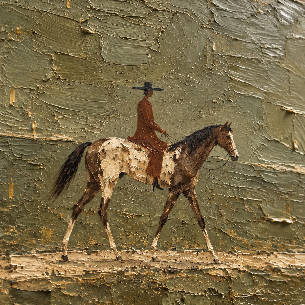 Oblique close-up of Ochre-Wayfarer showing raised paint, broken brushstrokes and olive-to-ochre color transitions under grazing directional light.