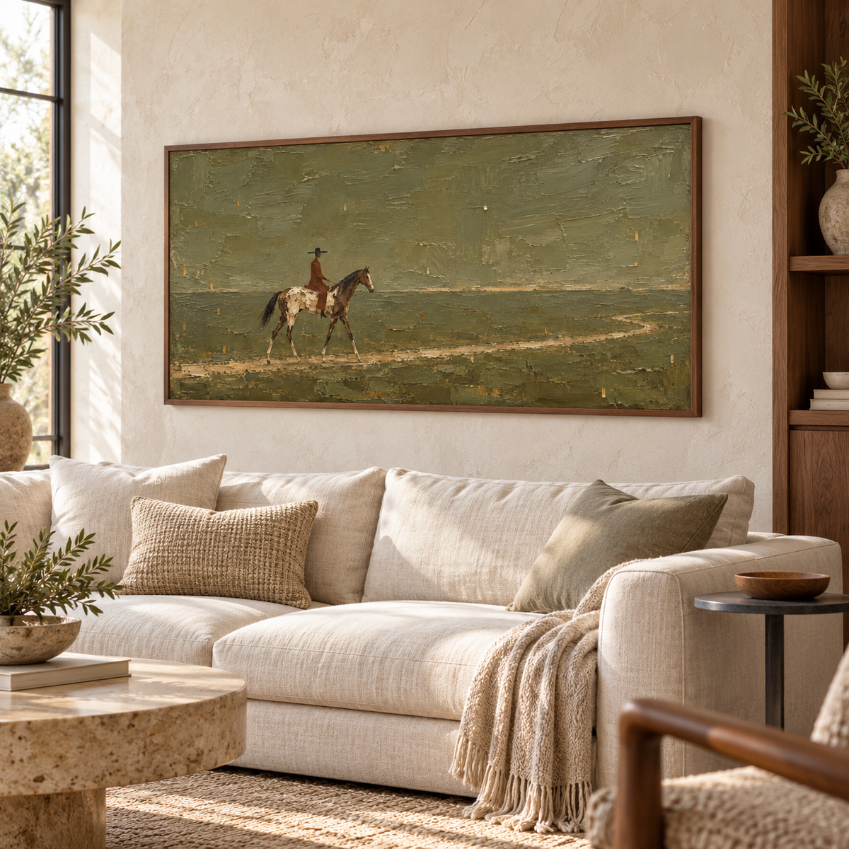 Ochre-Wayfarer above a light neutral sofa against a pale limestone wall, with a charcoal side table, viewed from a gentle left angle in daylight.