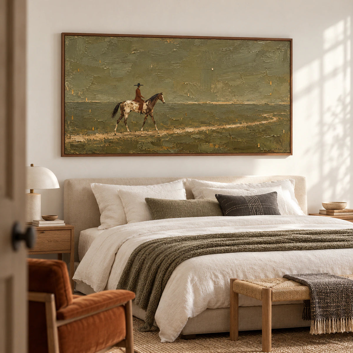 Ochre-Wayfarer above a low bed with ivory bedding and charcoal accents against a pale wall, viewed from near the foot of the bed at a slight left angle.