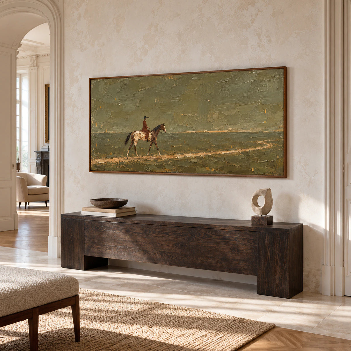 Ochre-Wayfarer on a broad pale wall in a spacious foyer with a pale stone floor and dark console, viewed from a slightly low left angle in daylight.