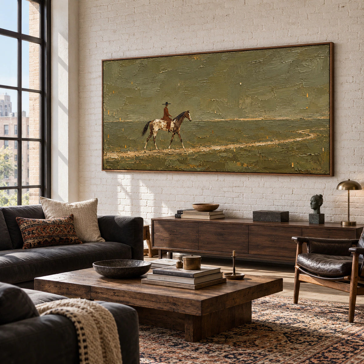 Ochre-Wayfarer on a pale brick wall in an expansive loft with tall windows and charcoal lounge seating, viewed from an elevated right angle in daylight.