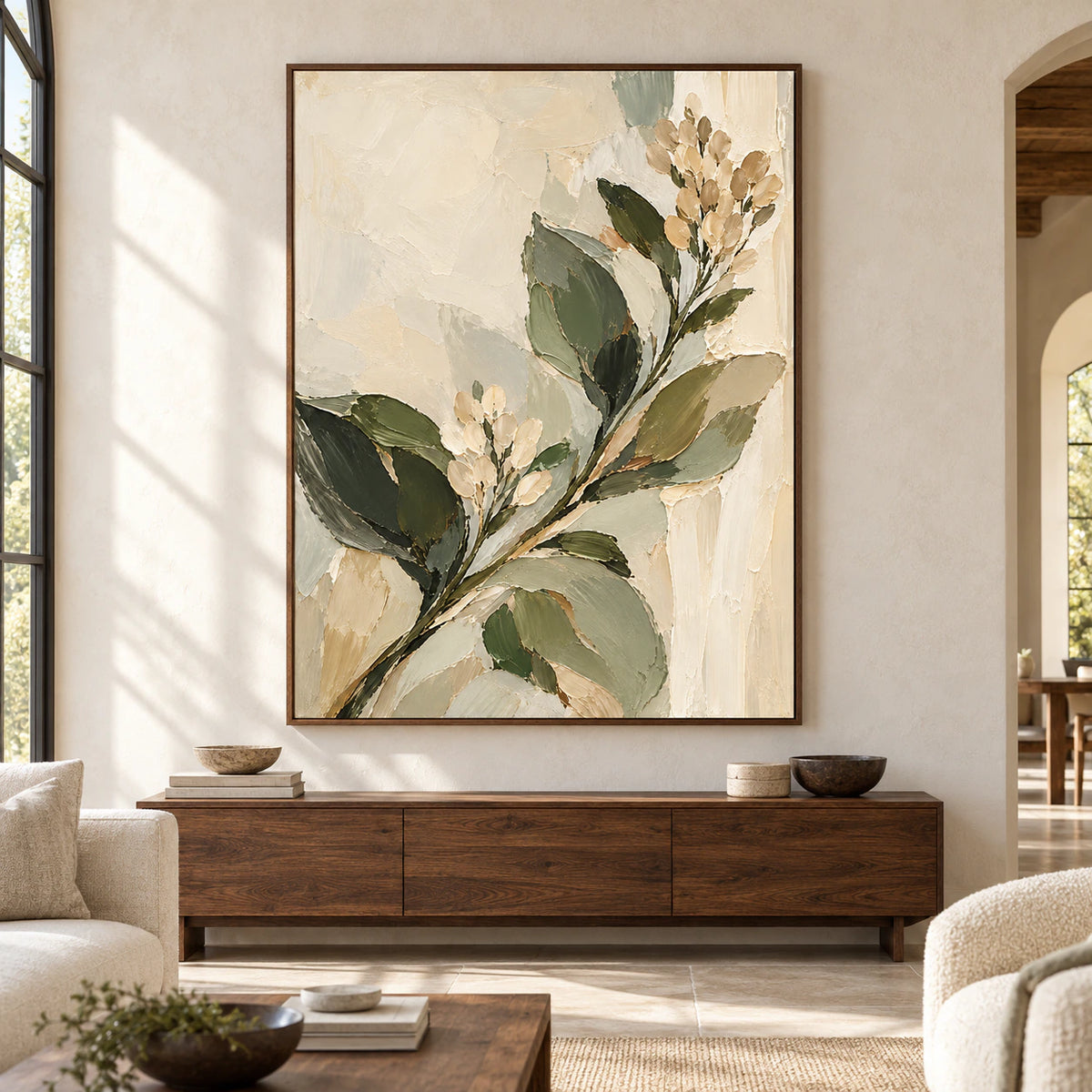 Large vertical Olive-Bloom painting displayed straight-on in a spacious, sunlit architectural room.