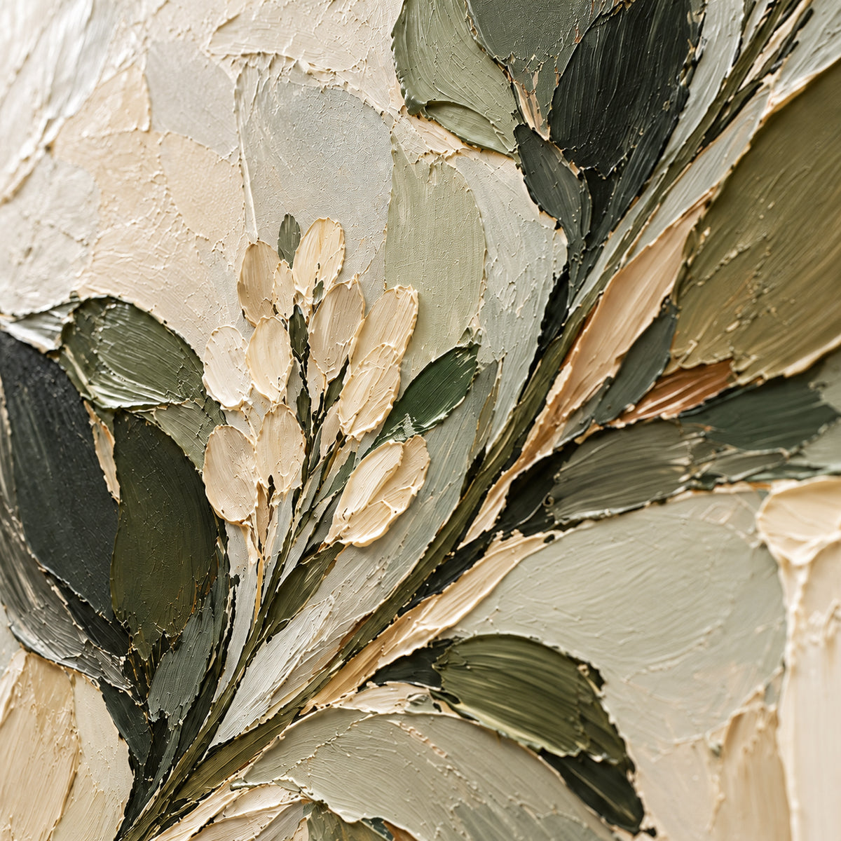 Olive-Bloom oil painting brushwork and impasto detail photographed from an oblique side angle