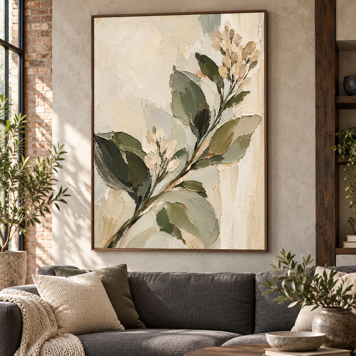 Large Olive-Bloom painting above a restrained charcoal sofa in a bright living room with natural daylight.