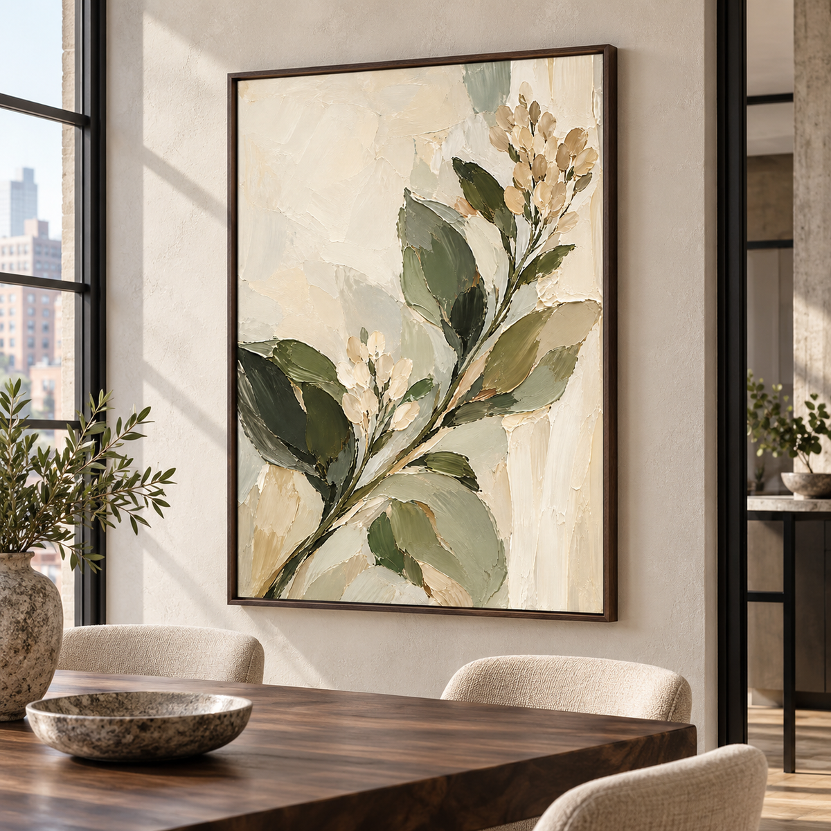 Olive-Bloom displayed prominently in a refined dining room with a dark wood table and pale stone walls.