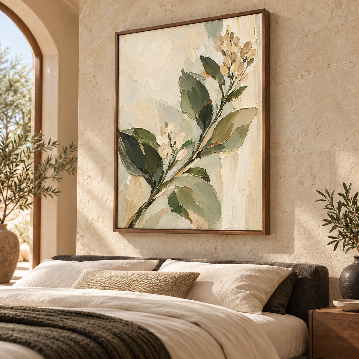 Olive-Bloom hanging above a simple bed in a quiet, bright bedroom with muted linen furnishings.