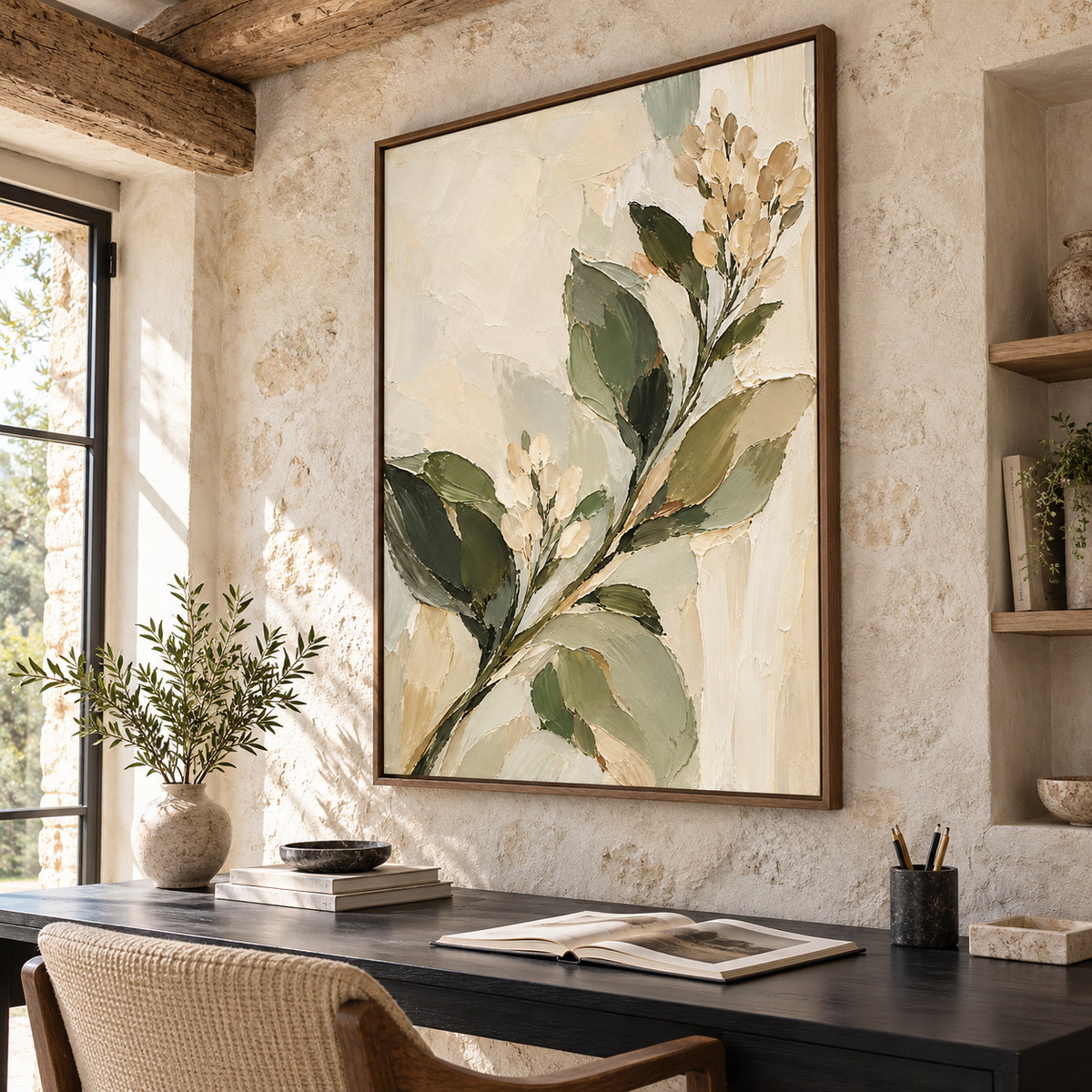 Olive-Bloom as the focal point of an airy home office with a dark desk and soft daylight.