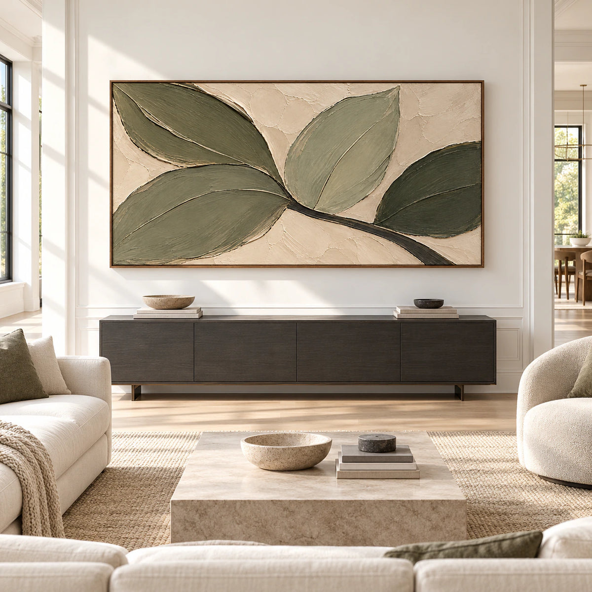 Large abstract botanical painting with broad olive leaves and crossing dark stems displayed straight-on above a low console in a spacious bright living room.