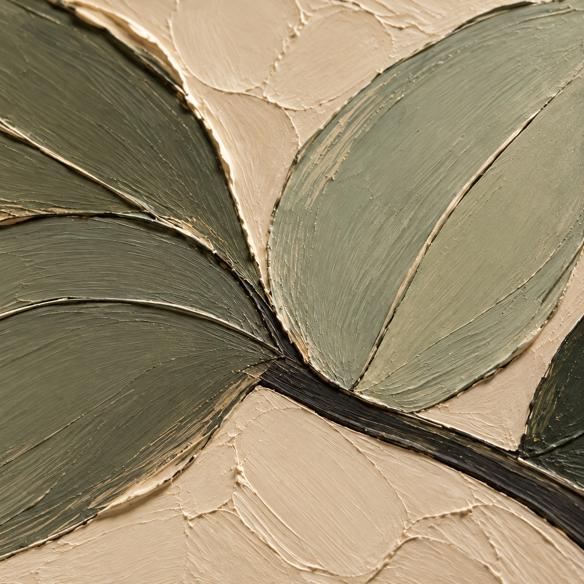 Olive-Canopy oil painting brushwork and impasto detail photographed from an oblique side angle