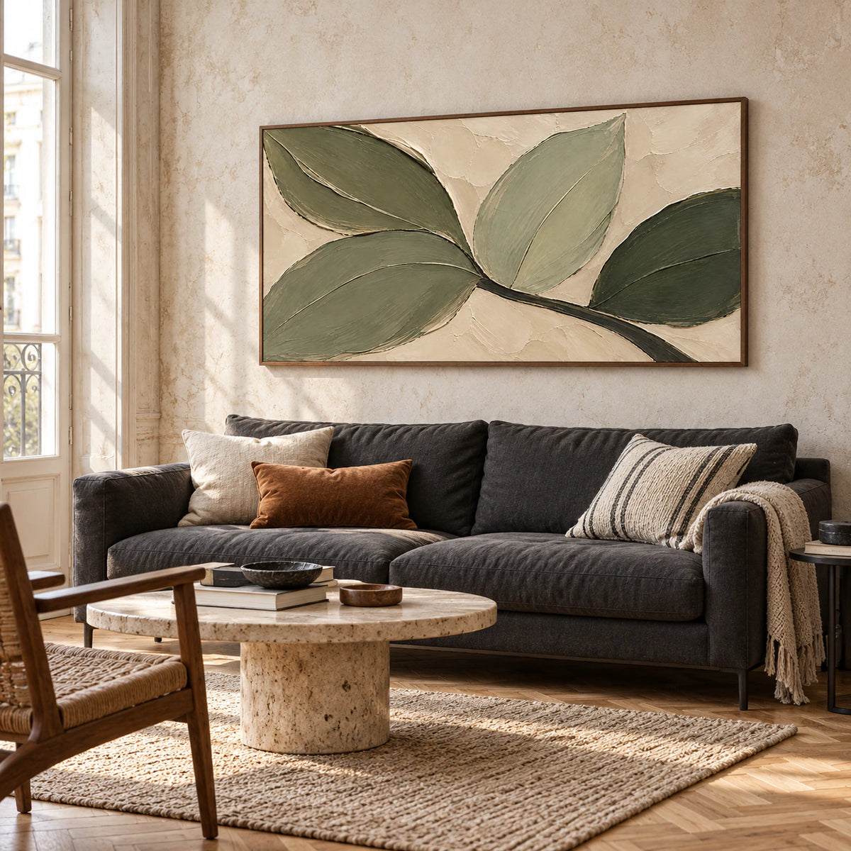 Large olive and ivory botanical abstract centered above a restrained charcoal sofa in a bright living room, natural daylight revealing its textured ridges.