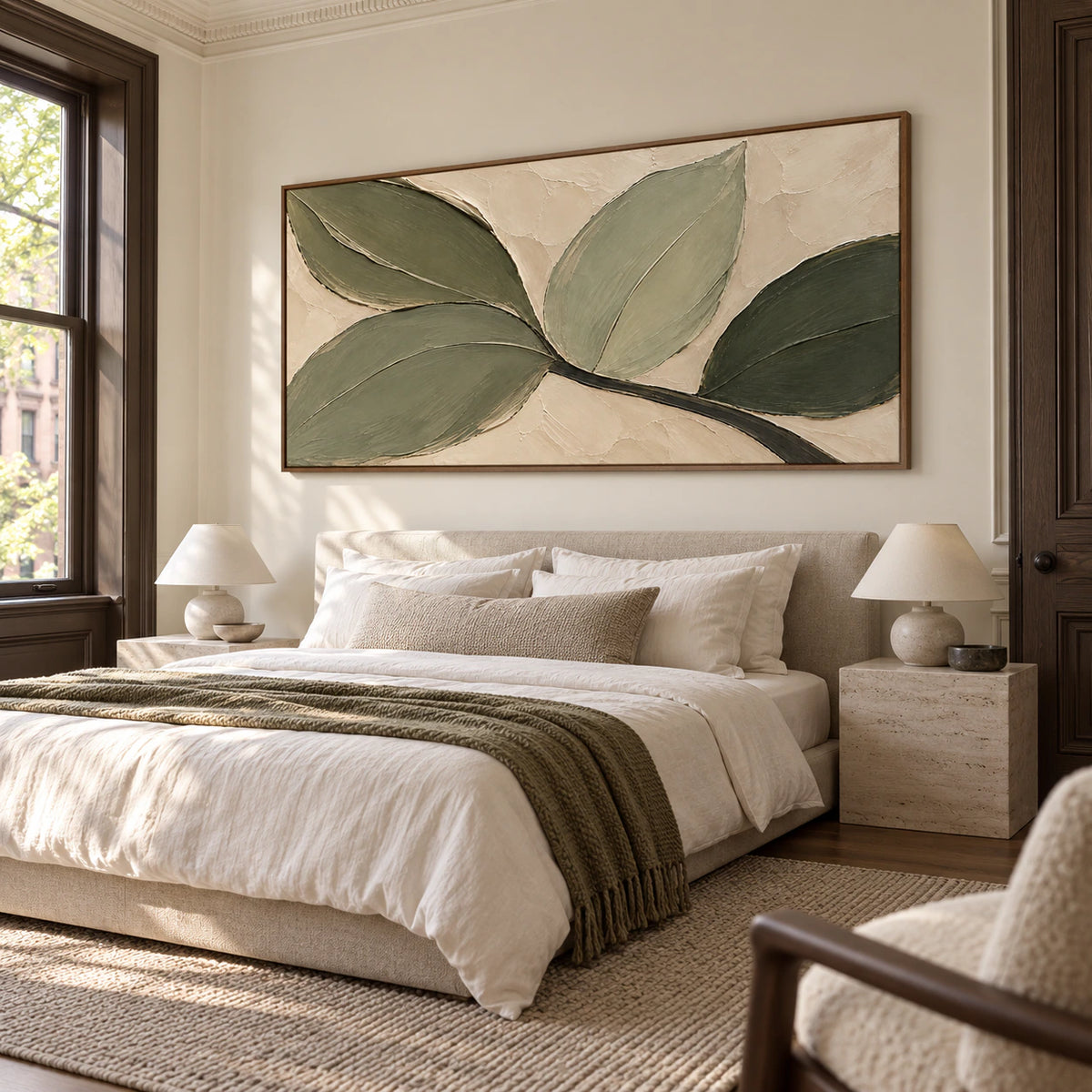 Large botanical abstraction above a low bed in a quiet, bright bedroom with crisp white linens and minimal furnishings.