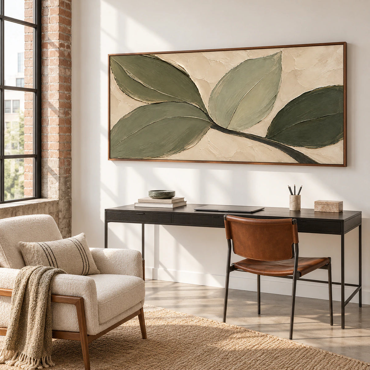 Olive and ivory textured painting above a simple desk in an airy home office, viewed from a gentle side angle in clear daylight.