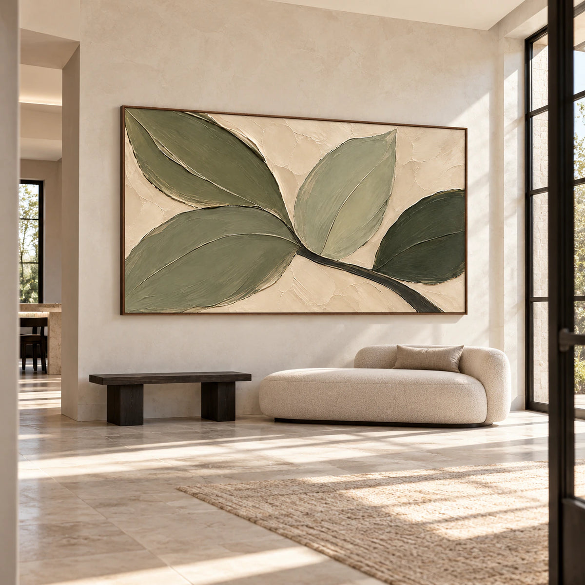 Large horizontal botanical artwork anchoring a bright gallery-scale foyer with pale stone walls and spare sculptural furnishings.