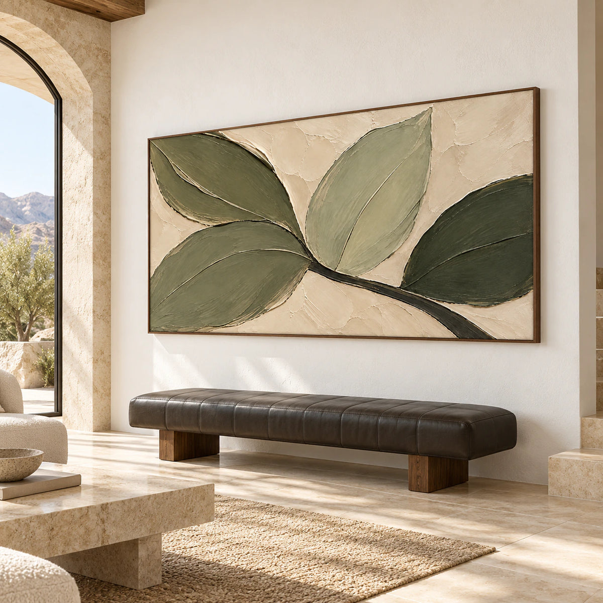 Oversized olive leaf painting displayed prominently in an expansive loft interior with high ceilings, broad windows, and restrained contrasting furniture.