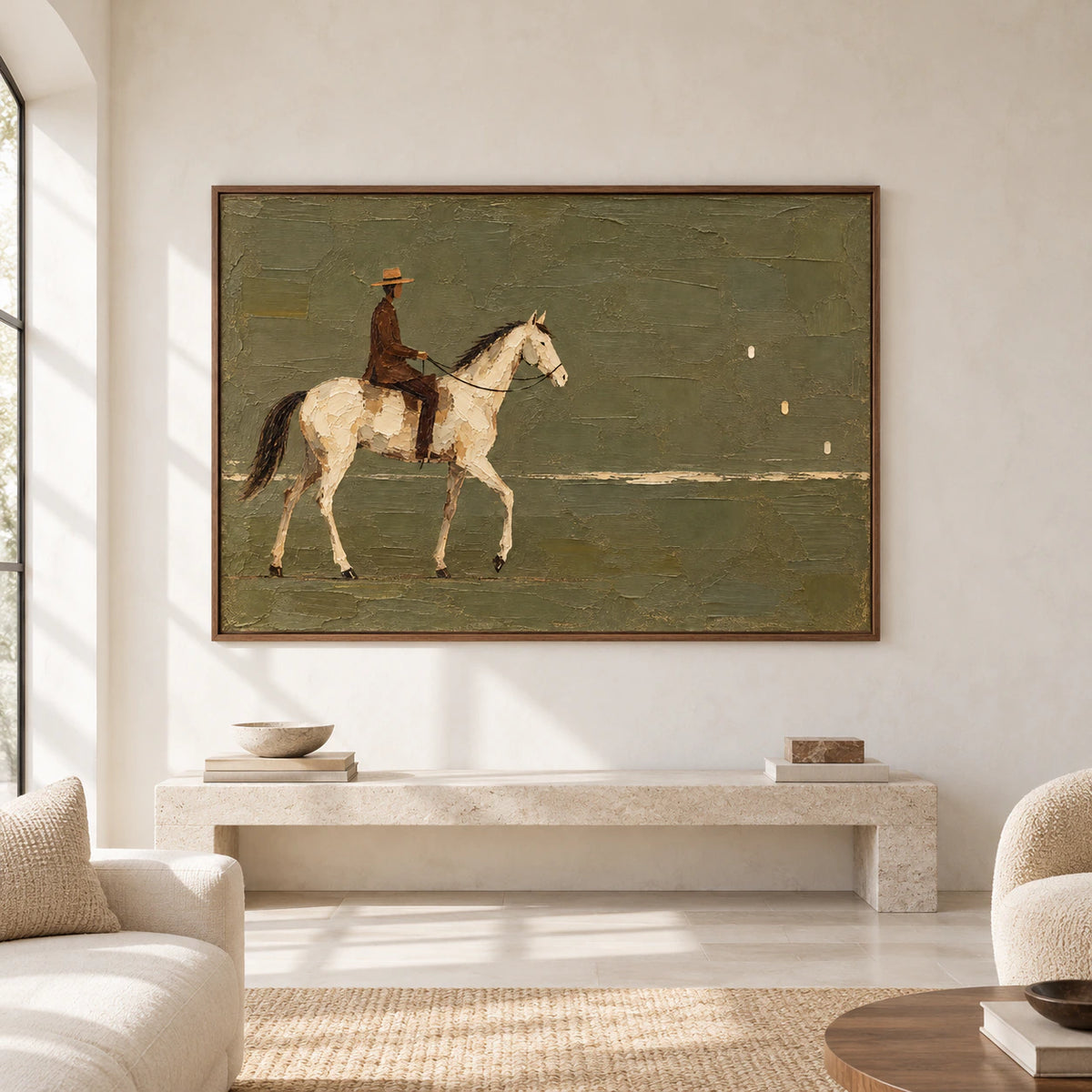 Large horizontal painting of a rider on a cream horse displayed prominently on a pale stone wall in a spacious, sunlit living room.