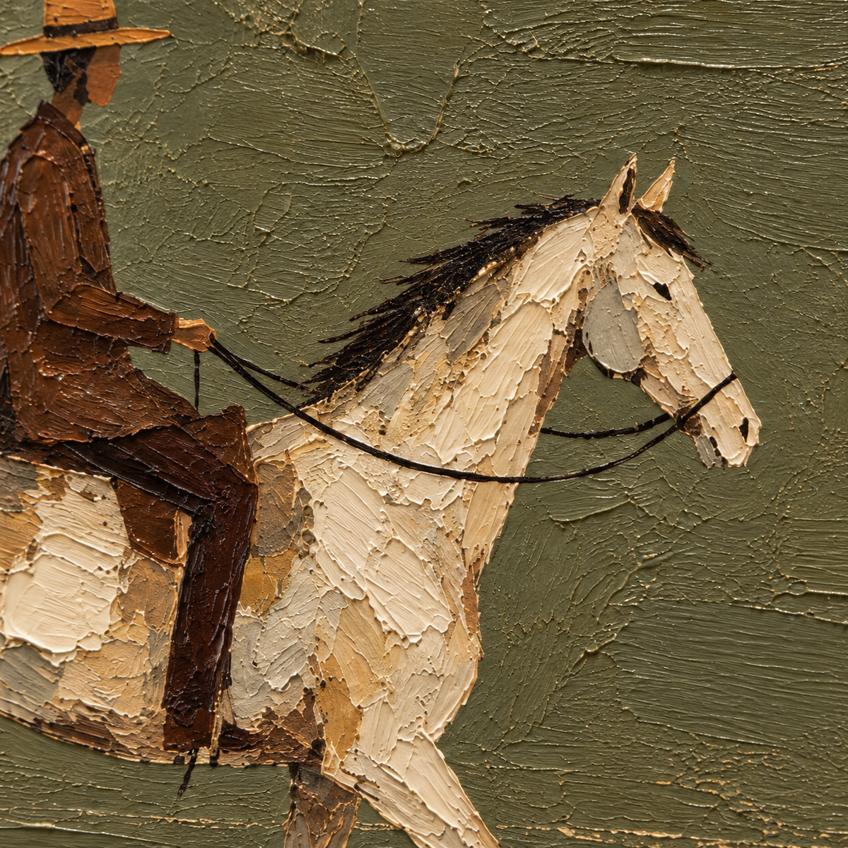 Olive-Cavalier oil painting brushwork and impasto detail photographed from an oblique side angle
