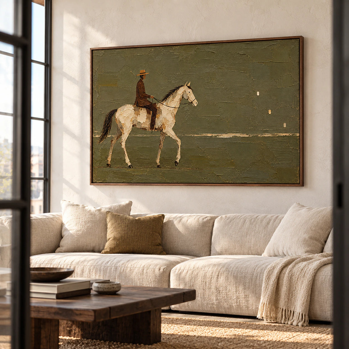 Large horizontal painting of a rider on a cream horse above a restrained linen sofa in a bright living room.