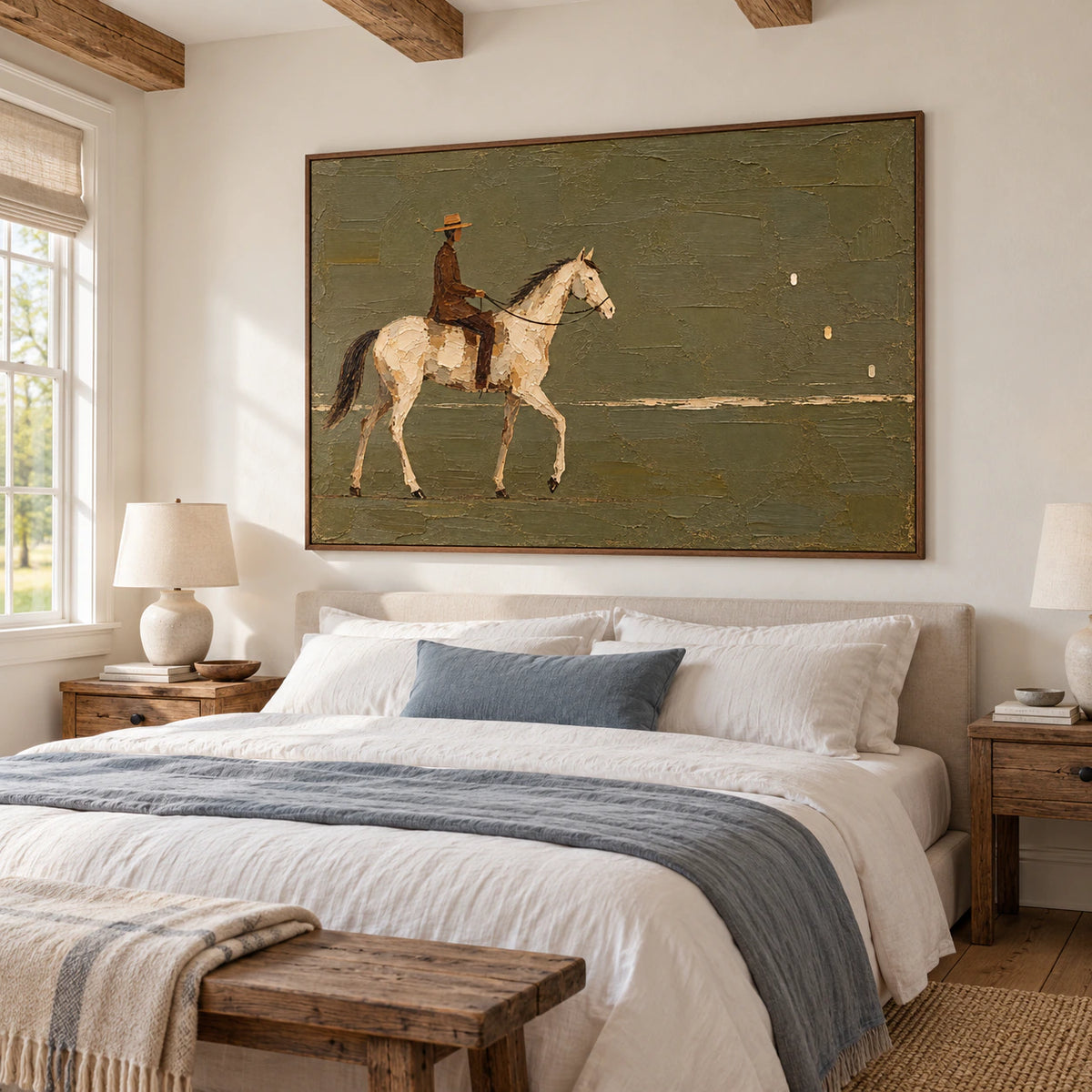Large horizontal painting of a rider on a cream horse above a low bed in a quiet, softly daylit bedroom.