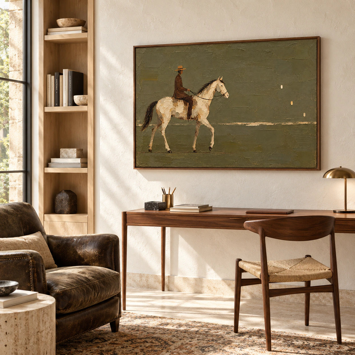 Large horizontal painting of a rider on a cream horse above a writing desk in an airy home office with open shelves.