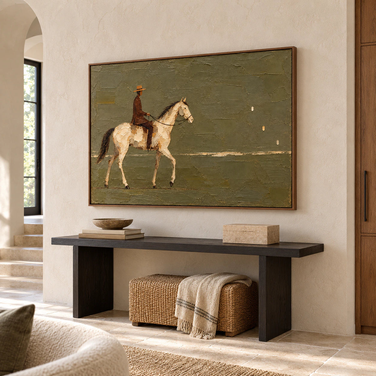 Large horizontal painting of a rider on a cream horse commanding the pale wall of a gallery-scale foyer with a stone console.